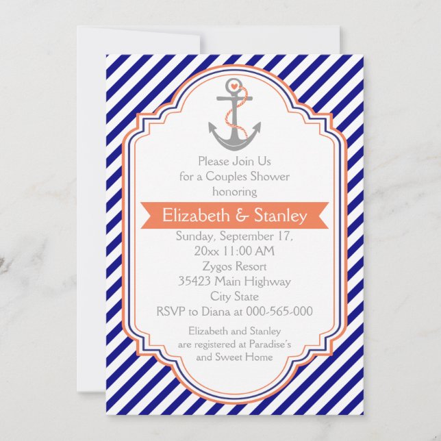 Navy blue, coral nautical couples wedding shower invitation (Front)
