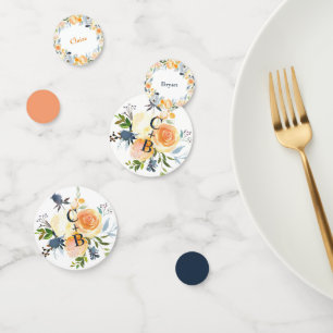 Navy Blue & Coral Peach Watercolor Floral Wedding Confetti