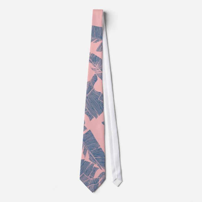 Navy Blue Coral Pink Banana Leaves Pattern Tie (Front)