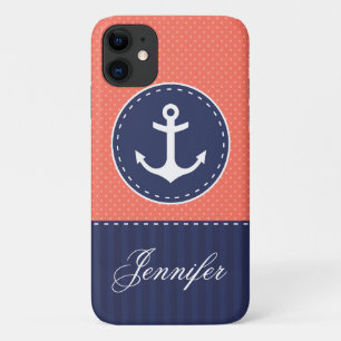 Navy Blue Coral Pink Pattern Anchor Customizable Case-Mate iPhone Case