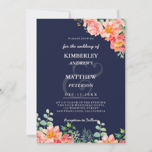 Navy blue coral pink watercolor botanical Wedding Invitation