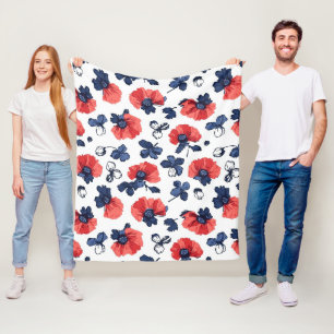 Navy Blue & Coral Poppy Floral Vintage Fleece Blanket