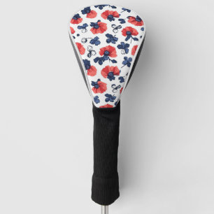 Navy Blue & Coral Poppy Floral Vintage Golf Head Cover