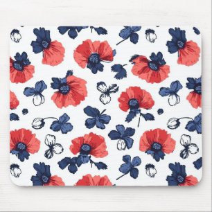 Navy Blue & Coral Poppy Floral Vintage Mouse Pad