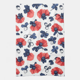 Navy Blue & Coral Poppy Floral Vintage Tea Towel