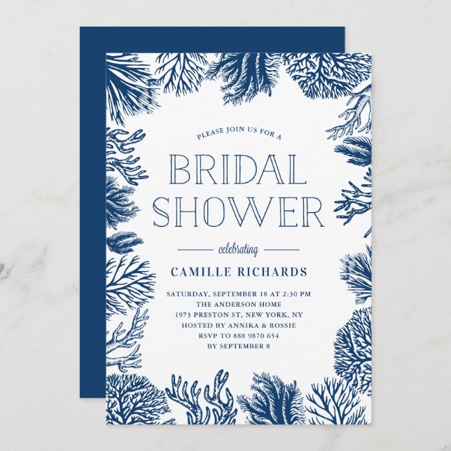 Navy Blue Coral Reefs Frame Nautical Bridal Shower Invitation (Front/Back)