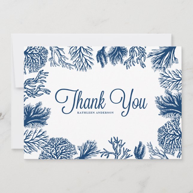 Navy Blue Coral Reefs Frame Summer Wedding  Thank You Card (Front)
