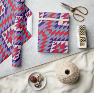 Navy Blue Coral Southwest Tribal Geometric Pattern Wrapping Paper