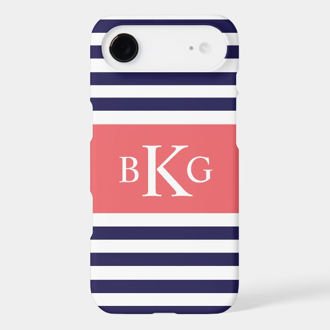 Navy Blue Coral Stripes Monogram Case-Mate iPhone Case (Back)
