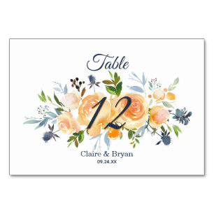 Navy Blue Coral Watercolor Floral Wedding Table Number