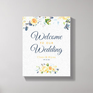 Navy Blue Coral Watercolor Floral Wedding Welcome Canvas Print
