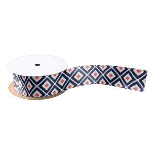 Navy Blue, Coral, White Ikat Diamond Pattern Satin Ribbon