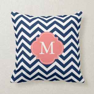 Navy Blue Coral Zigzag Pattern Monogram Cushion
