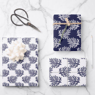 Navy blue corals on a white background wrapping pa paper sheet