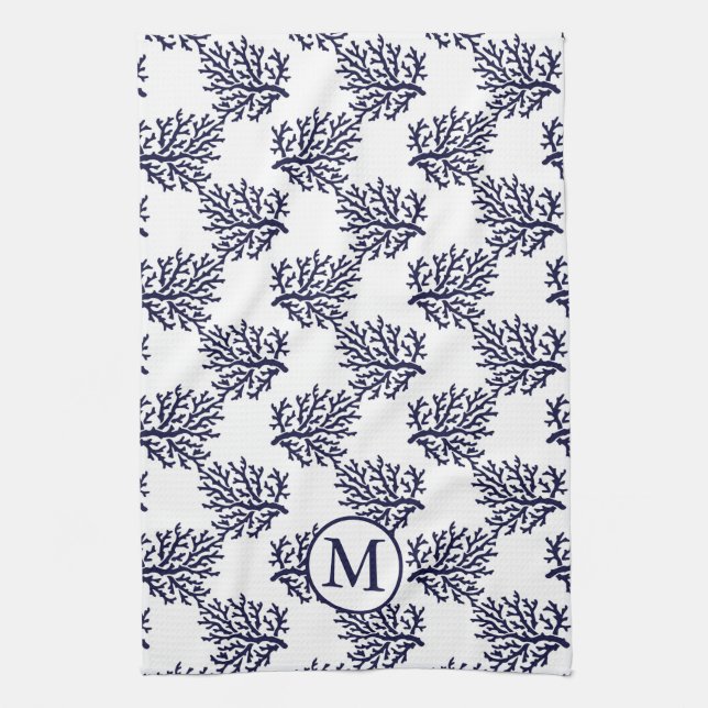 Navy blue corals on a white background wrapping pa tea towel (Vertical)