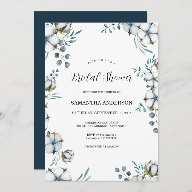 Navy blue Cotton flowers eucalyptus Bridal Shower Invitation (Front/Back)