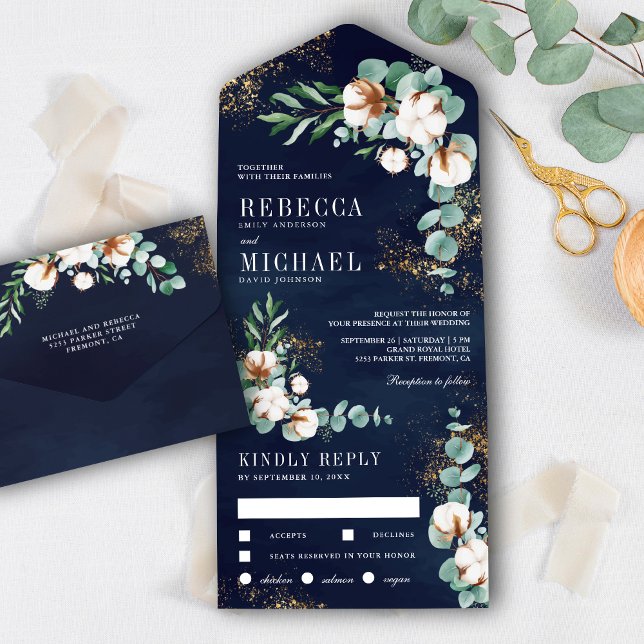 Navy Blue Cotton Gold Eucalyptus Branch Wedding All In One Invitation (Creator Uploaded)