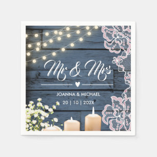 Navy Blue Country Wood String Lights Lace Mr & Mrs Napkin