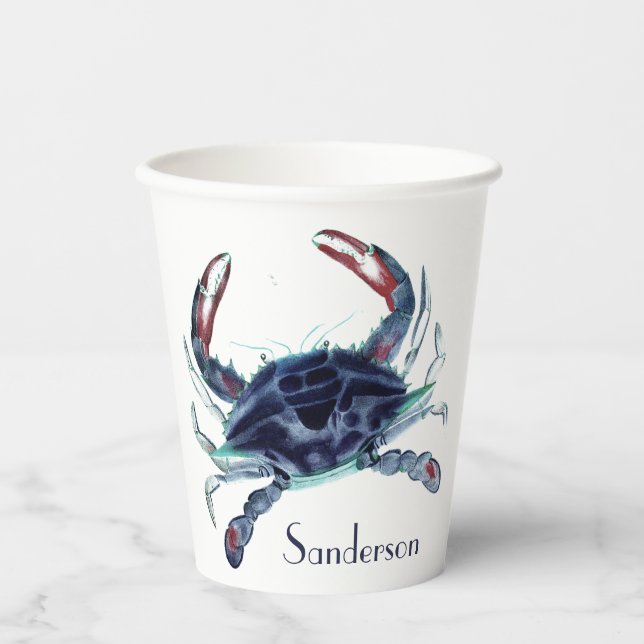 Navy blue crab nautical coastal  paper cups (Front)