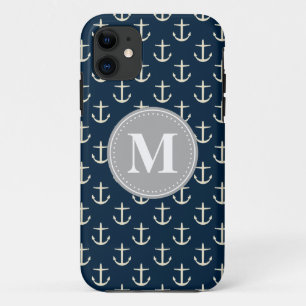 Navy Blue Cream Anchor Pattern Grey Monogram iPhone 11 Case