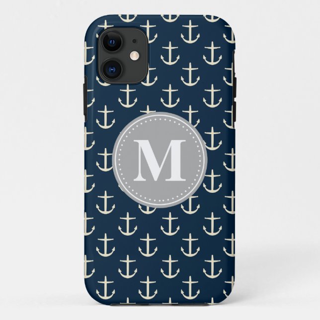 Navy Blue Cream Anchor Pattern Grey Monogram Case-Mate iPhone Case (Back)