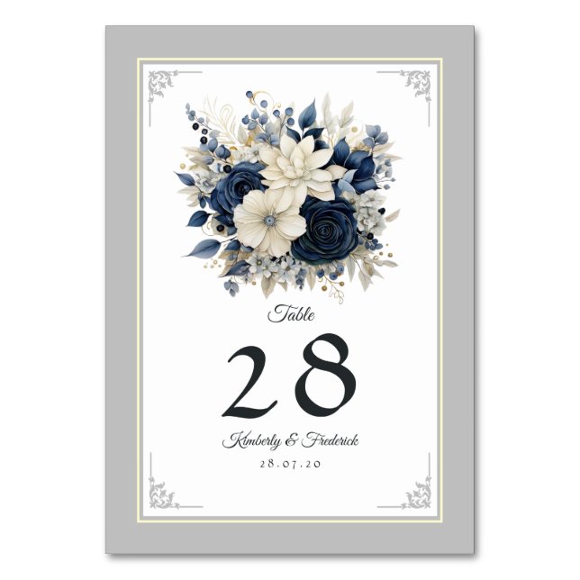 Navy Blue, Cream and Silver Floral Wedding Table Number (Front)
