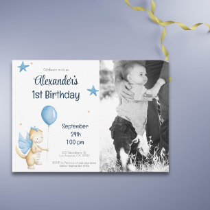 Navy Blue Cream Dragon and Balloon First Birthday Invitation