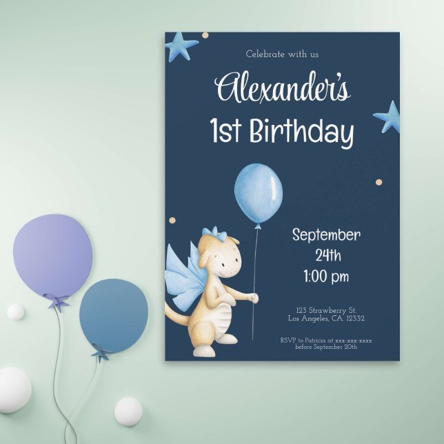 Navy Blue Cream Dragon and Balloon First Birthday Invitation (Creator Uploaded)