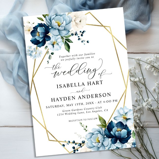 Navy Blue Cream Elegant Floral Gold Frame Wedding Invitation (Creator Uploaded)