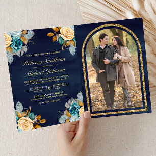 Navy Blue Cream Floral Gold QR Code Photo Wedding Invitation