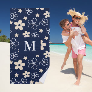Navy blue cream flower pattern retro beach towel