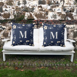 Navy blue cream flower pattern retro cushion<br><div class="desc">A navy blue background with a retro style floral pattern in white and cream.  Personalise and add your monogram letter,  initial.</div>