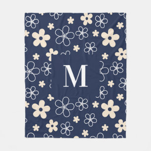 Navy blue cream flower pattern retro fleece blanket