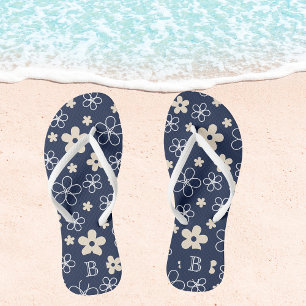 Navy blue cream flower pattern retro jandals