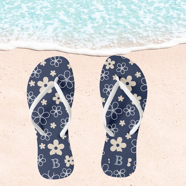 Navy blue cream flower pattern retro jandals (Creator Uploaded)