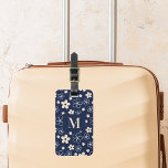 Navy blue cream flower pattern retro luggage tag<br><div class="desc">A navy blue background with a retro style floral pattern in white and cream.  Personalise and add your monogram letter,  initial. Your contact information on the back.</div>