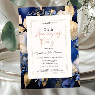Navy Blue Cream Flowers Wedding Anniversary Invitation
