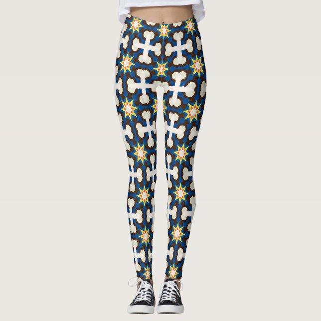 Navy Blue Cream Geometric Star Pattern Leggings (Front)