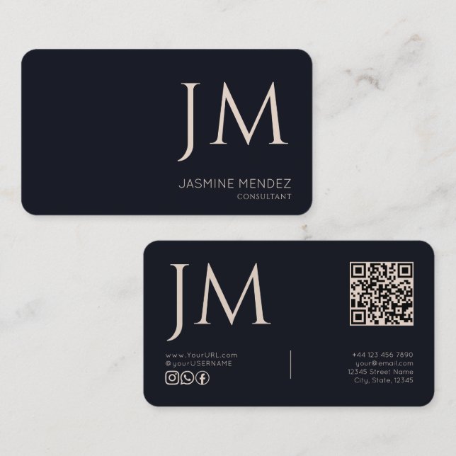 Navy Blue Cream Monogram QR Code Modern  Business Card (Front/Back)