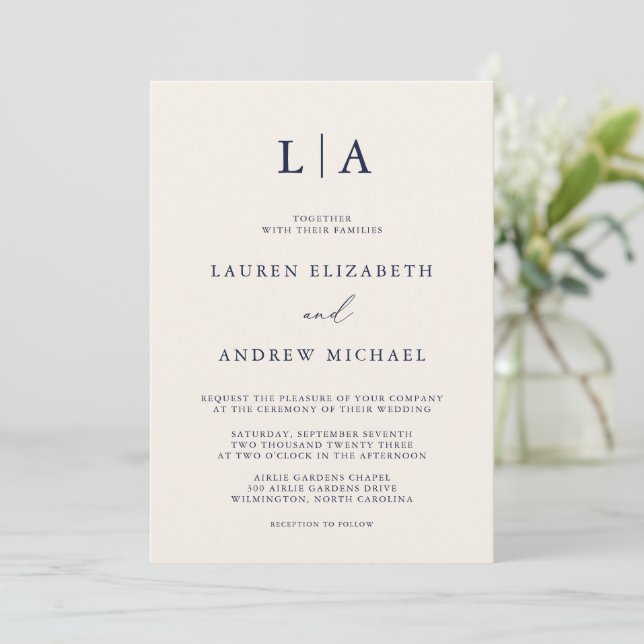 Navy Blue Cream Monogram Simple Minimalist Wedding Invitation (Standing Front)
