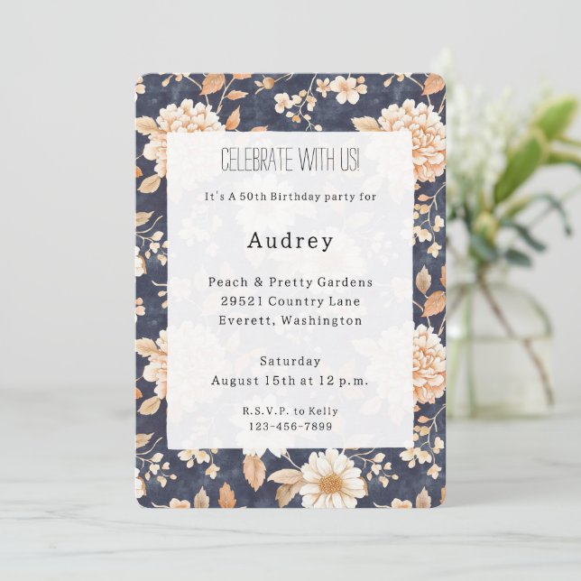 Navy Blue Cream Peach Floral 50th Birthday Invitation (Standing Front)
