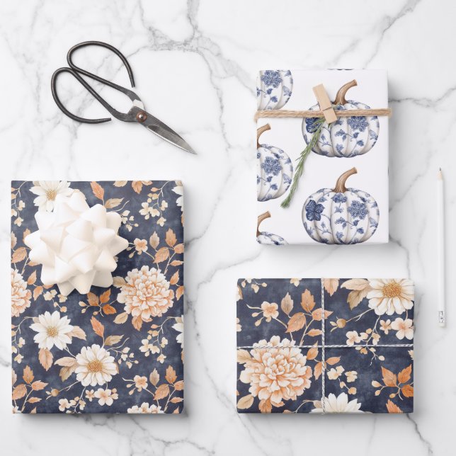 Navy Blue Cream Peach Floral Pumpkins Birthday Wrapping Paper Sheet (Front)