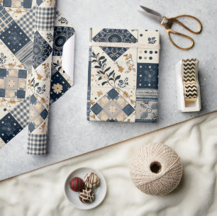 Navy Blue Cream Quilt Gingham Cottagecore Floral  Wrapping Paper