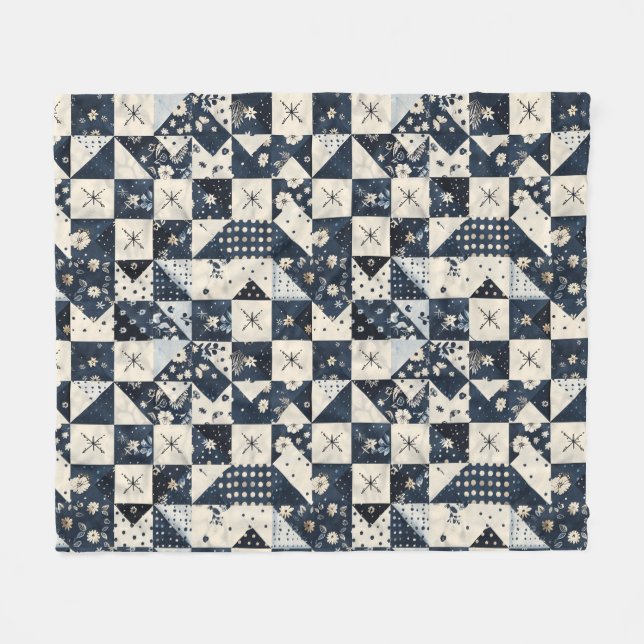 Navy Blue Cream Quilt Patchwork Gingham Patchwork Fleece Blanket (Front (Horizontal))