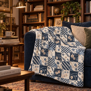 Navy Blue Cream Quilt Patchwork Gingham Patchwork Fleece Blanket