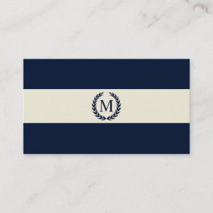 Navy Blue & Cream Stripe Monogram Business Card