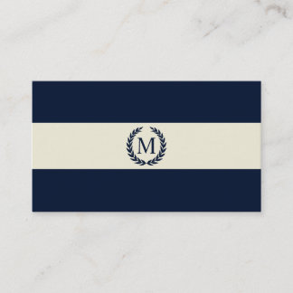 Navy Blue & Cream Stripe Monogram Business Card