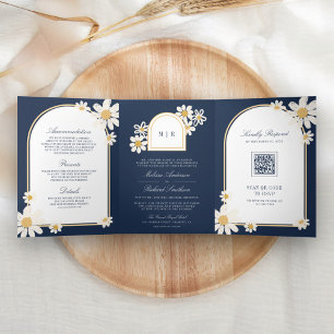 Navy Blue Cream Yellow Daisy All in One Wedding Tri-Fold Invitation
