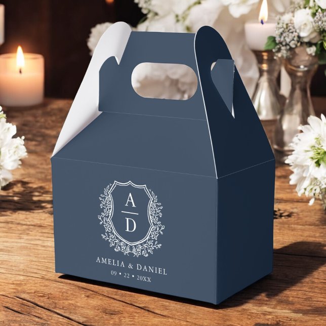 Navy Blue Crest Floral Monogram Wedding Modern Favour Box (Creator Uploaded)