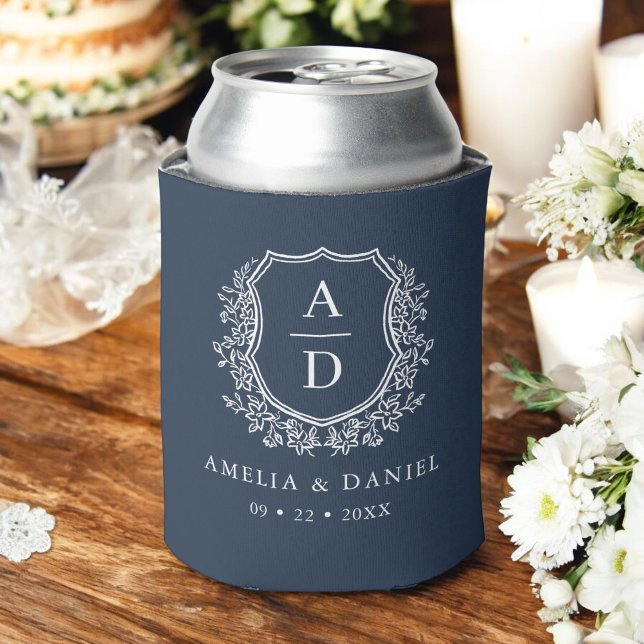 Navy Blue Crest Modern Monogram Wedding  Can Cooler (Creator Uploaded)
